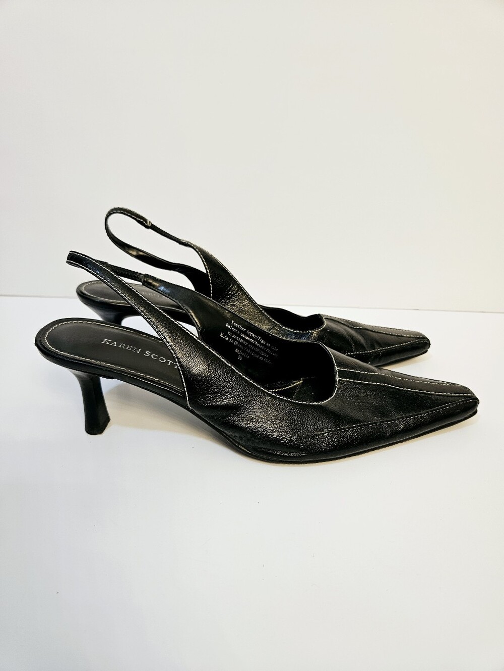 Vintage Y2K Karen Scott Slingback Heels Size 9.5 Black Leather White Stitch EUC - Picture 2 of 8